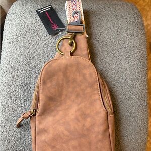 No Boundaries Tan Crossbody Bag with Patterned Strap